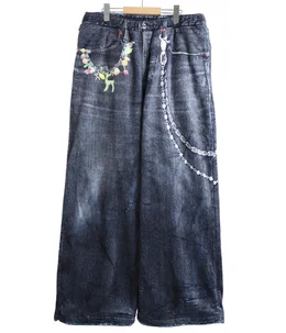 FLEECE DENIM PRINT WIDE PANTS