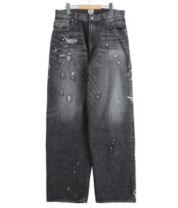 RECYCLED WASTE SUVIN COTTON YARN 14oz DENIM  5POCKET WIDE PANTS VINTAGE WASHED(ZIPPER FLY)