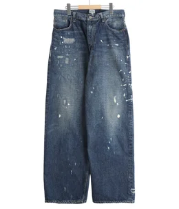 RECYCLED WASTE SUVIN COTTON YARN 14oz DENIM  5POCKET WIDE PANTS VINTAGE WASHED(ZIPPER FLY)