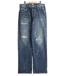 RECYCLED WASTE SUVIN COTTON YARN 14oz DENIM  5POCKET STRAIGHT PANTS VINTAGE WASHED(ZIPPER FLY)