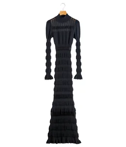 fetico ブラック タイトフィットワンピース レディース】SHEER LACE STRIPE KNIT MAXI DRESS | FETICO(フェティコ