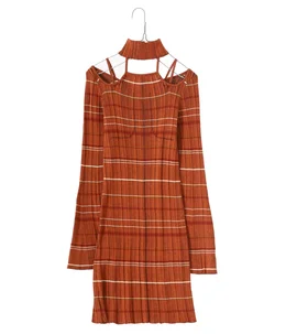 【レディース】Random Ribbed Plaid Knitted Dress With Choker