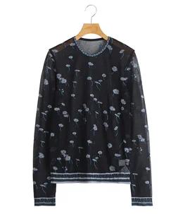 マメクロゴウチ　長袖トップス レディース】Floral Pattern Long Sleeve Sheer Knit Top | Mame